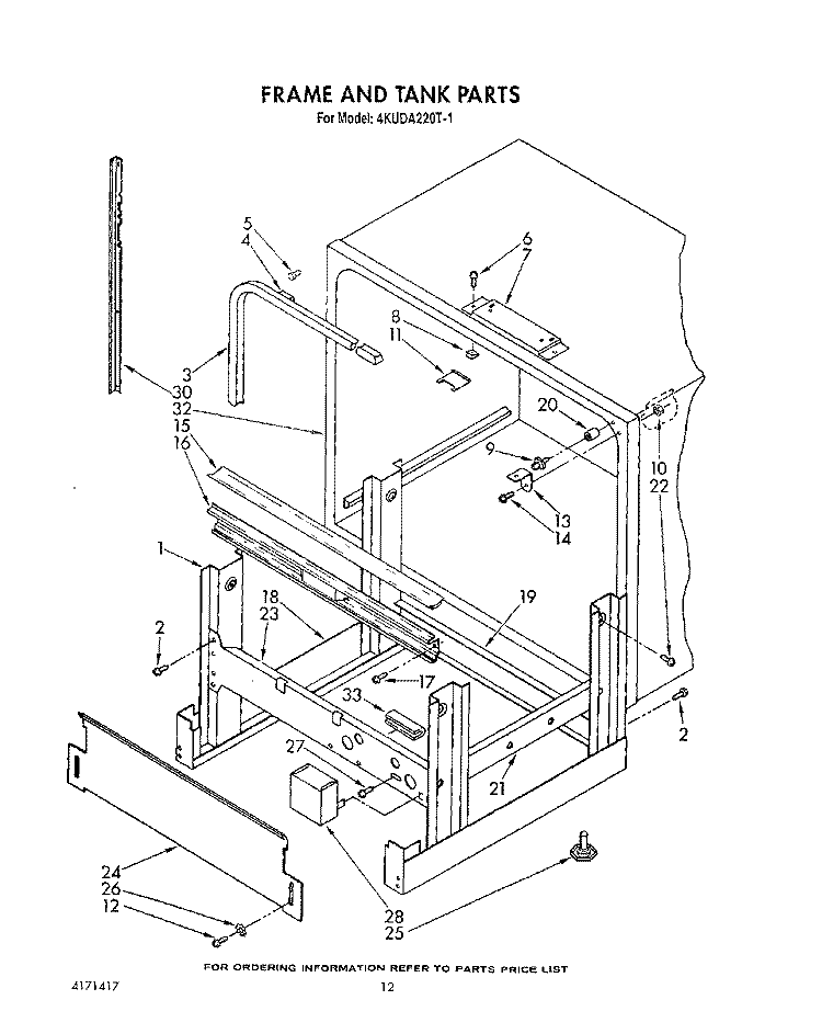FRAME AND TANK Diagram and Parts List for 4KUDA220T1  KitchenAid Dishwasher