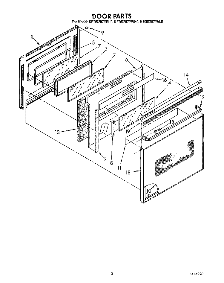 DOOR Diagram and Parts List for KEDS207YAL0  KitchenAid Range