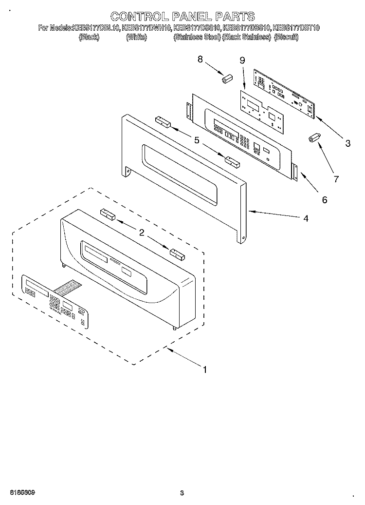 CONTROL PANEL Diagram and Parts List for KEBS177DSS10  KitchenAid Wall Oven