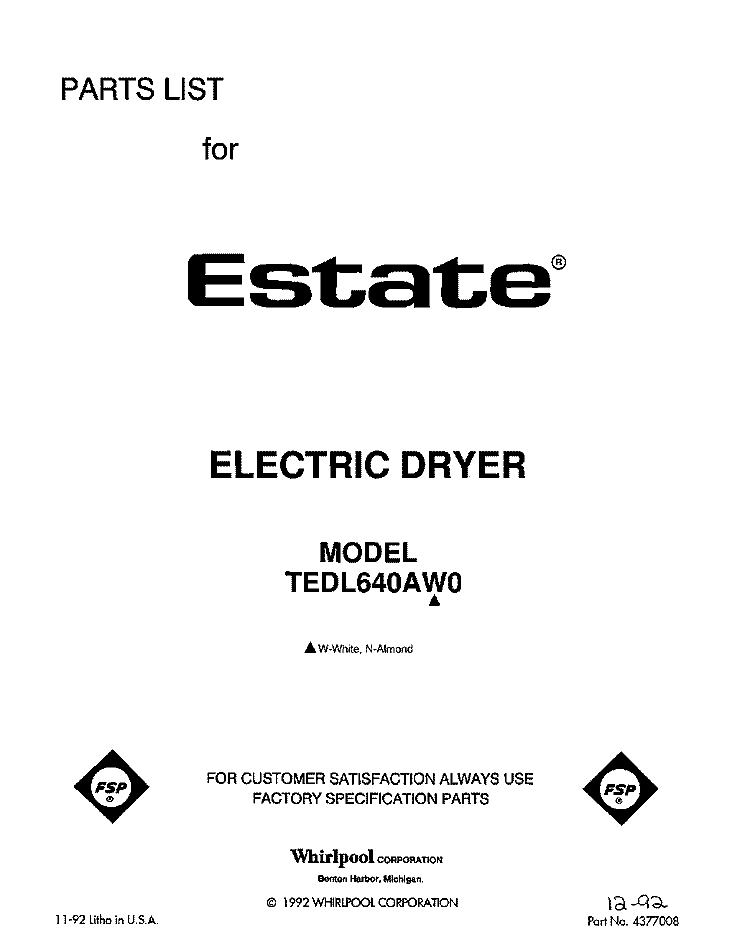 SECTION Diagram and Parts List for TEDL640AN0  Whirlpool Dryer
