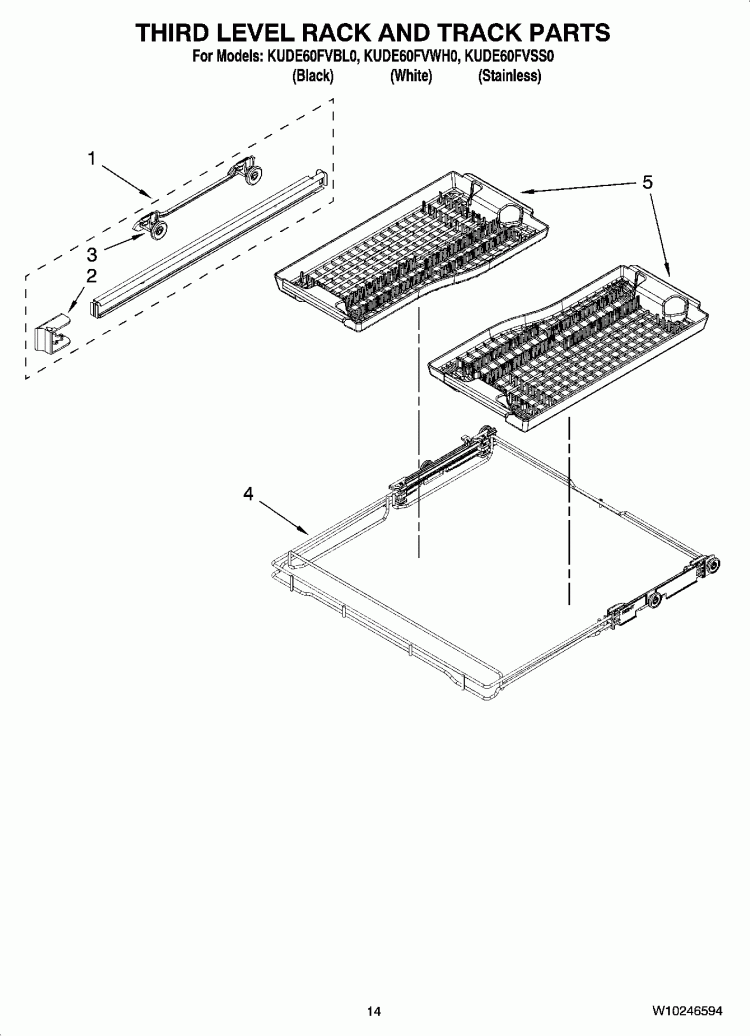 THIRD LEVEL RACK AND TRACK PARTS, OPTIONAL PARTS (NOT INCLUDED) Diagram and Parts List for KUDE60FVSS0  KitchenAid Dishwasher