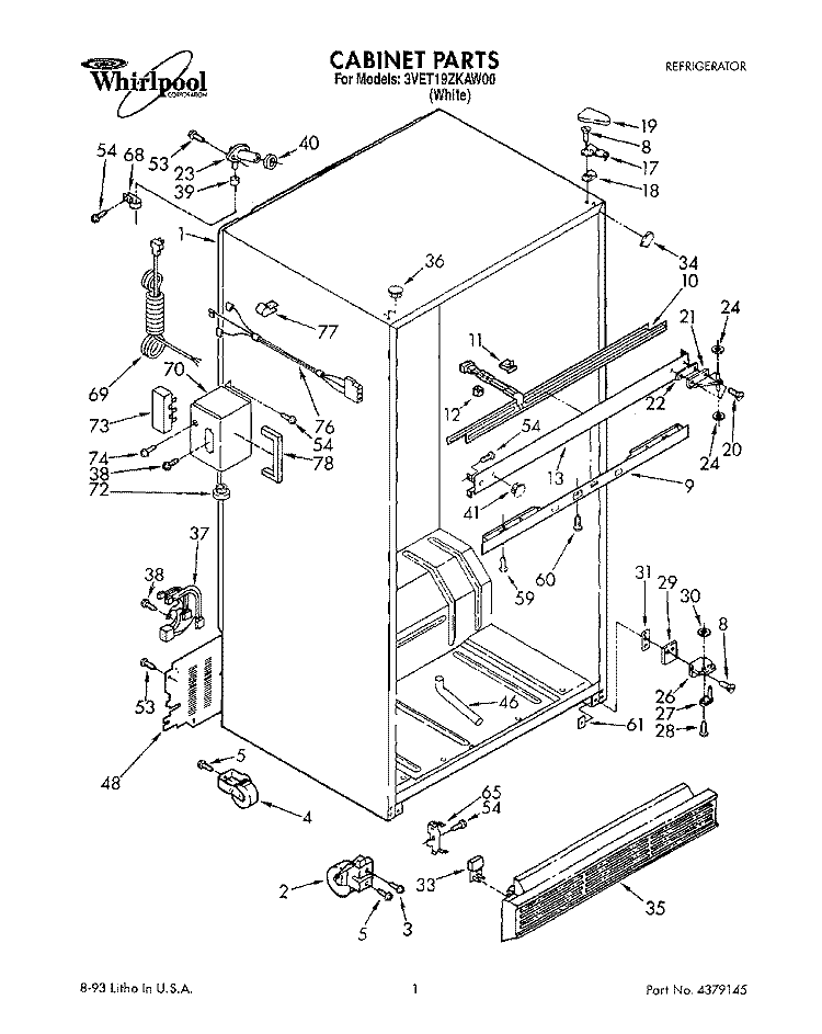 CABINET Diagram and Parts List for 3VET19ZKAW00  Whirlpool Refrigerator