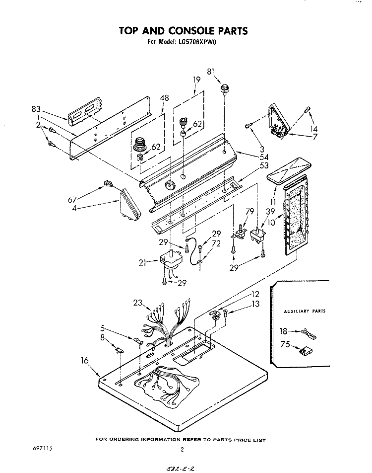 TOP AND CONSOLE , LITERATURE AND OPTIONAL Diagram and Parts List for LG5706XPW0  Whirlpool Dryer