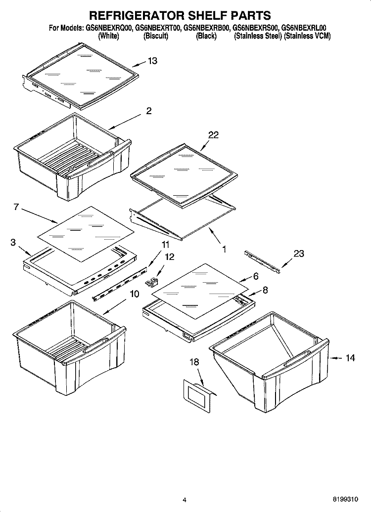 REFRIGERATOR SHELF PARTS Diagram and Parts List for GS6NBEXRT00  Whirlpool Refrigerator