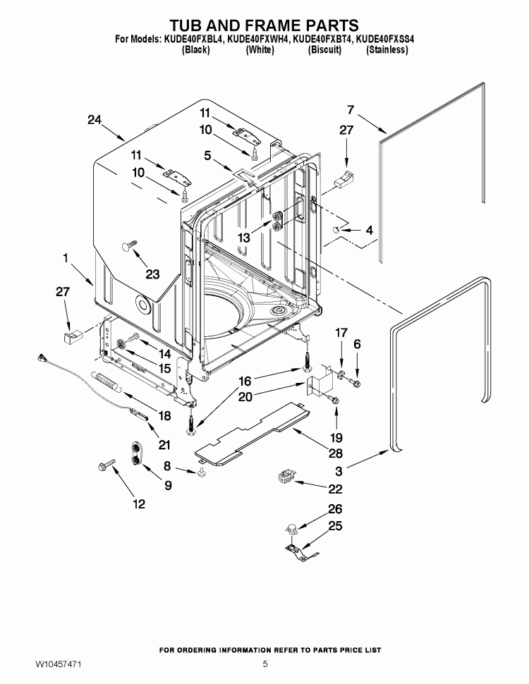 TUB AND FRAME PARTS Diagram and Parts List for KUDE40FXWH4  KitchenAid Dishwasher