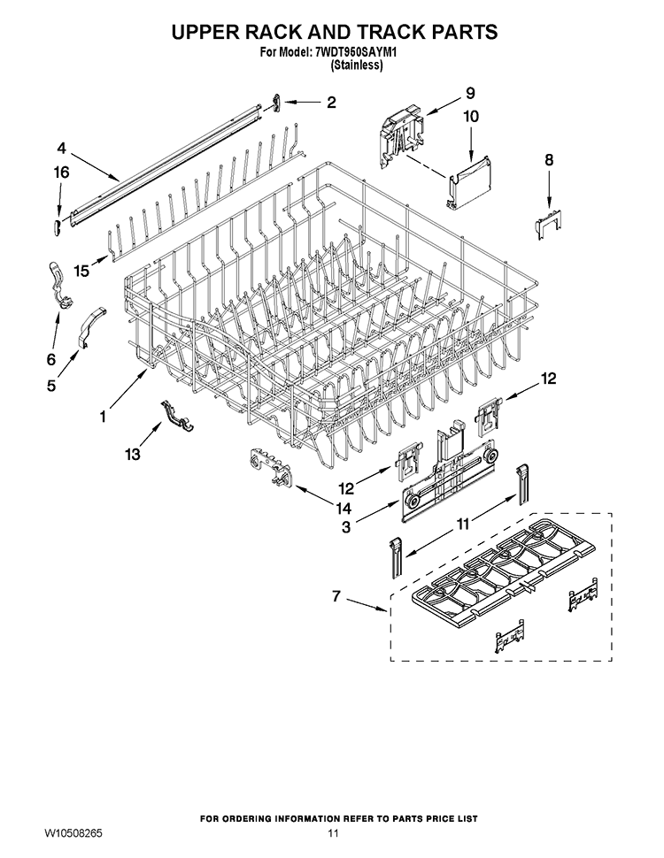 UPPER RACK AND TRACK PARTS Diagram and Parts List for 7WDT950SAYM1  Whirlpool Dishwasher