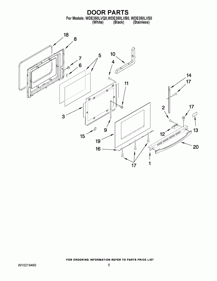DOOR PARTS Diagram and Parts List for WDE350LVQ0  Whirlpool Range