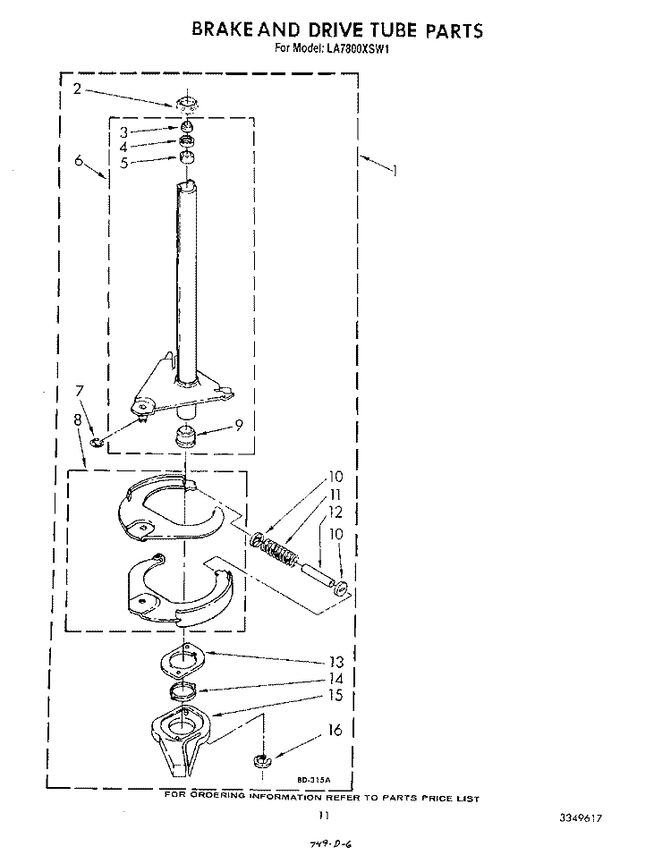 BRAKE AND DRIVE TUBE Diagram and Parts List for LA7800XSW1  Whirlpool Washer