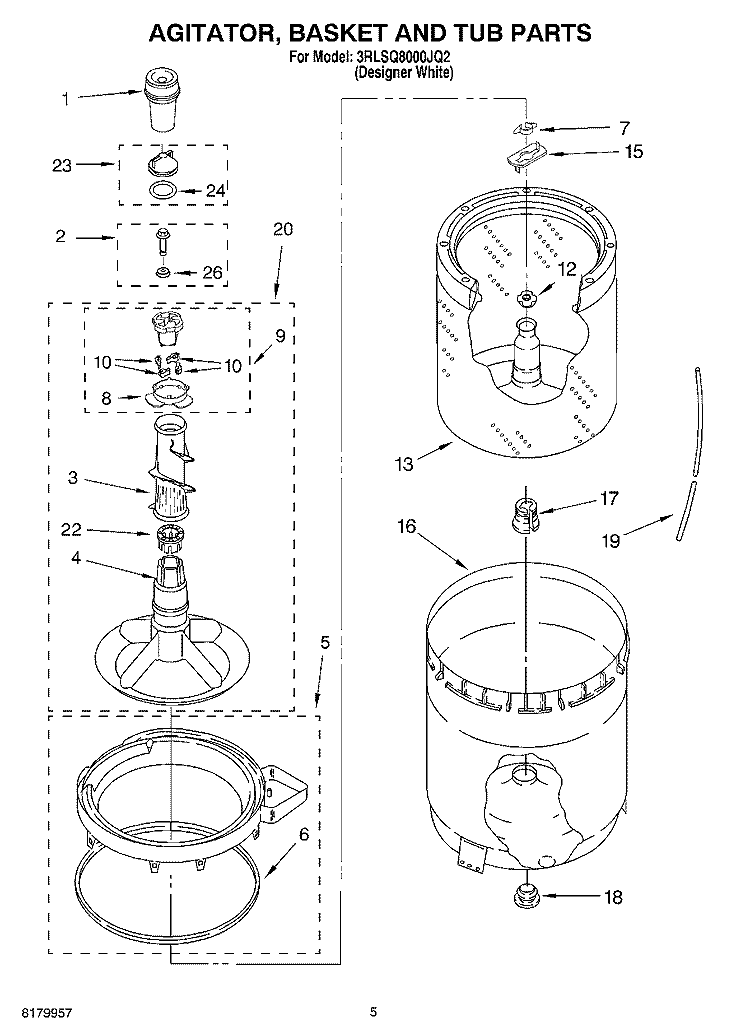 AGITATOR, BASKET AND TUB PARTS Diagram and Parts List for 3RLSQ8000JQ2  Whirlpool Washer