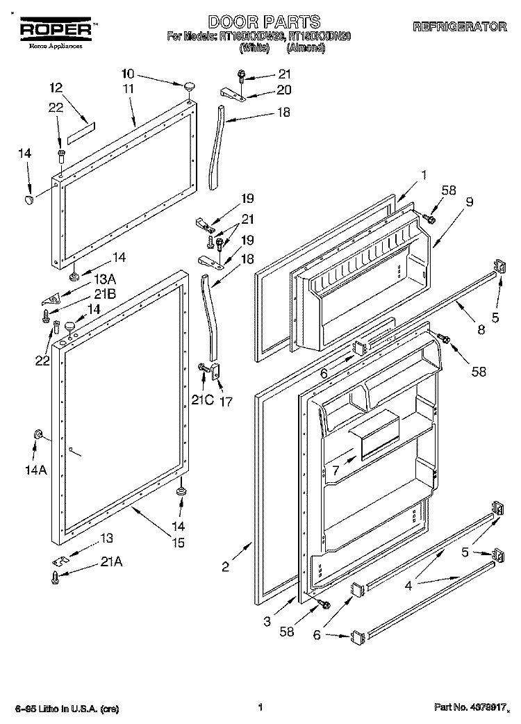 DOOR Diagram and Parts List for RT18DKXDN20  Roper Refrigerator