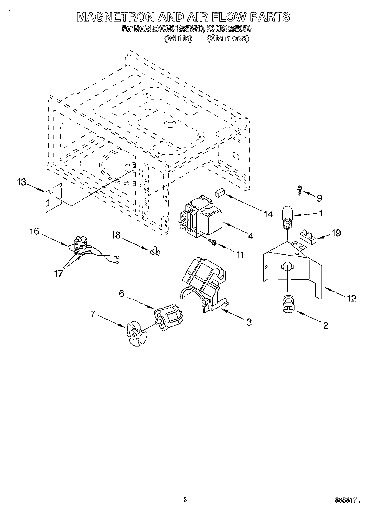 MAGNETRON AND AIR FLOW Diagram and Parts List for KCMS125EWH0  KitchenAid Microwave