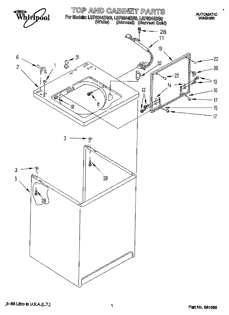 TOP AND CABINET, LIT/OPTIONAL Diagram and Parts List for LSP8244BG0  Whirlpool Washer