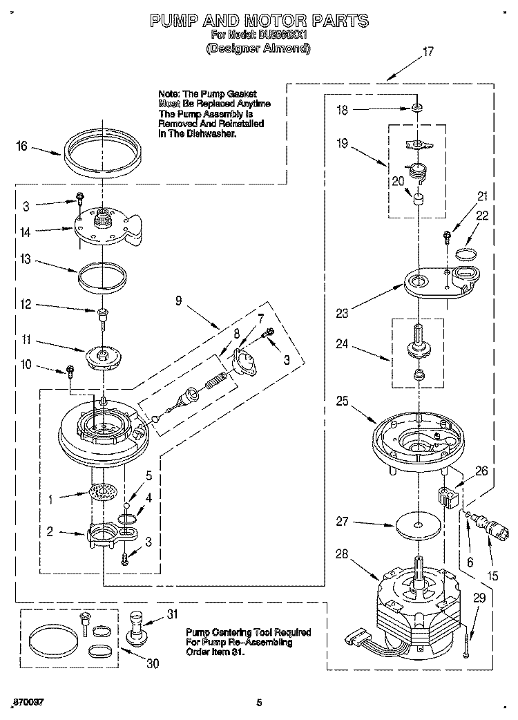 PUMP AND MOTOR Diagram and Parts List for DU8560XX1  Whirlpool Dishwasher