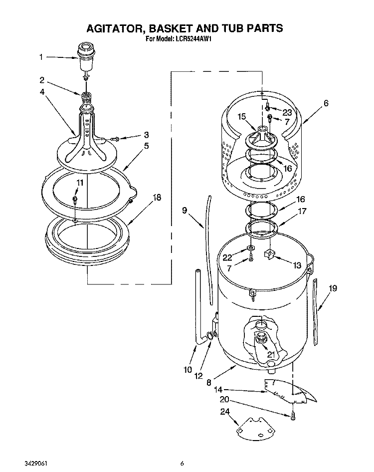 AGITATOR, BASKET AND TUB Diagram and Parts List for LCR5244AN1  Whirlpool Washer