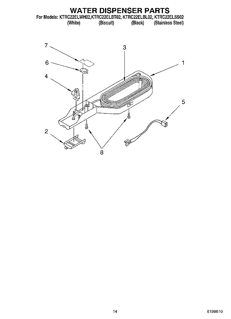 WATER DISPENSER PARTS, OPTIONAL PARTS Diagram and Parts List for KTRC22ELWH02  KitchenAid Refrigerator
