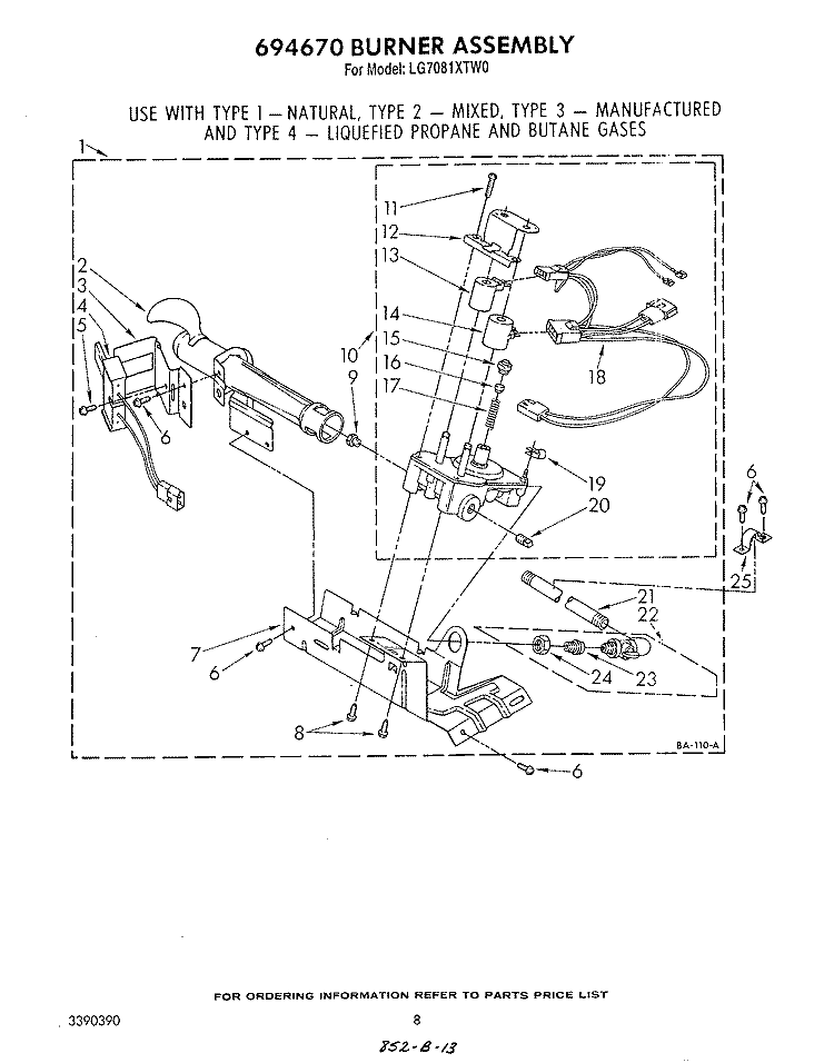 694670 BURNER Diagram and Parts List for LG7081XTG0  Whirlpool Dryer