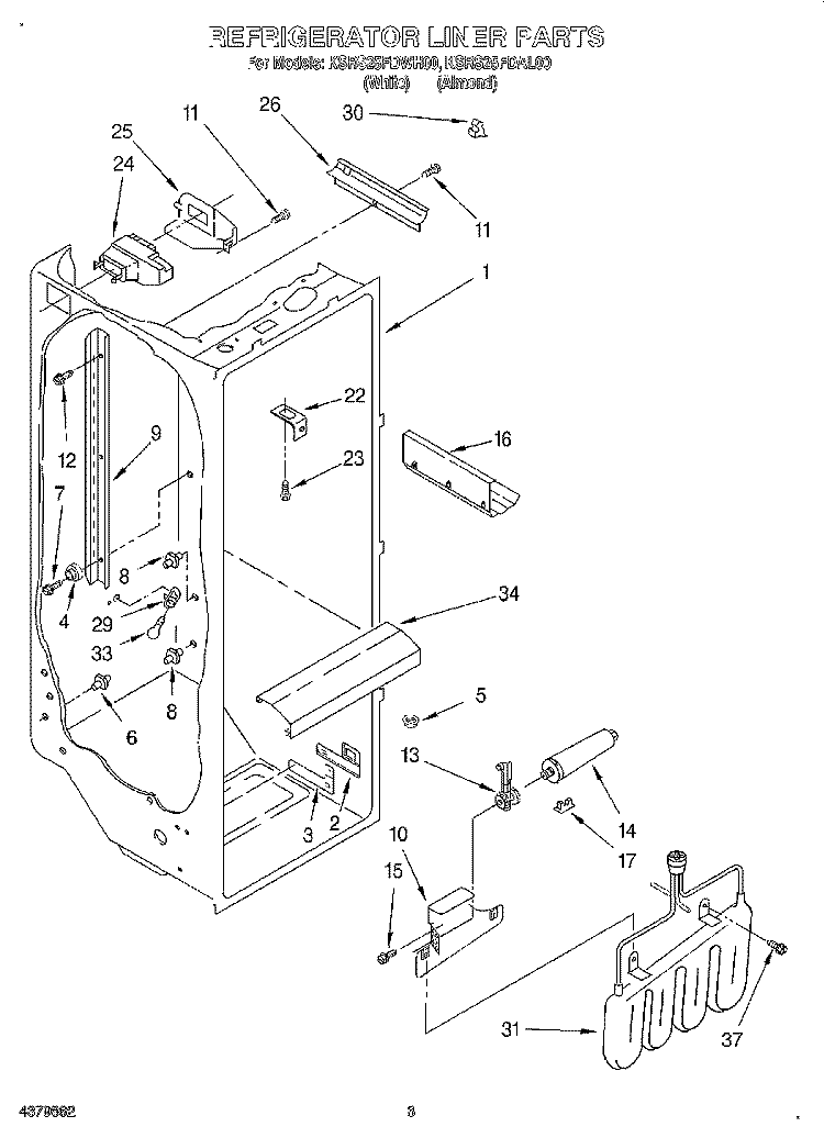 REFRIGERATOR LINER Diagram and Parts List for KSRS25FDWH00  KitchenAid Refrigerator