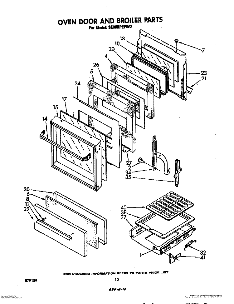 OVEN DOOR AND BROILER Diagram and Parts List for SE950PEPW0  Whirlpool Range