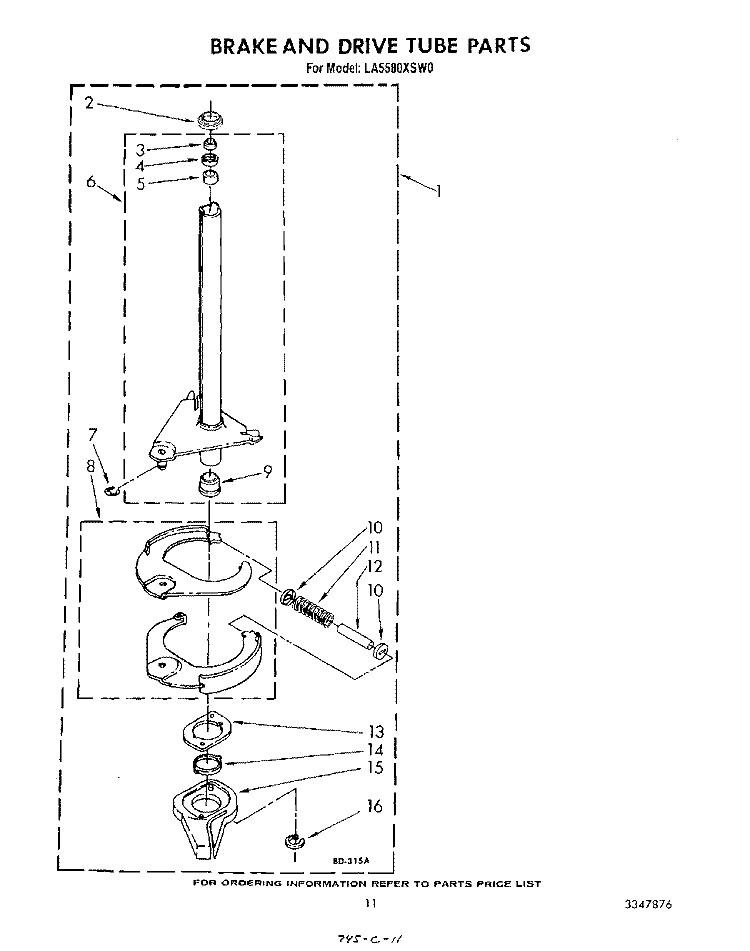 BRAKE AND DRIVE TUBE Diagram and Parts List for LA5580XSW0  Whirlpool Washer