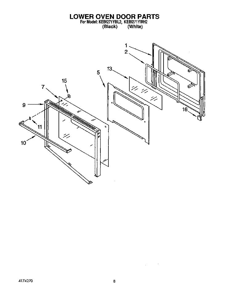 LOWER OVEN DOOR Diagram and Parts List for KEBI271YWH2  KitchenAid Wall Oven