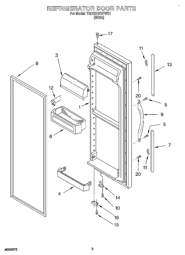 REFRIGERATOR DOOR Diagram and Parts List for 7GD22DFXFW01  Whirlpool Refrigerator