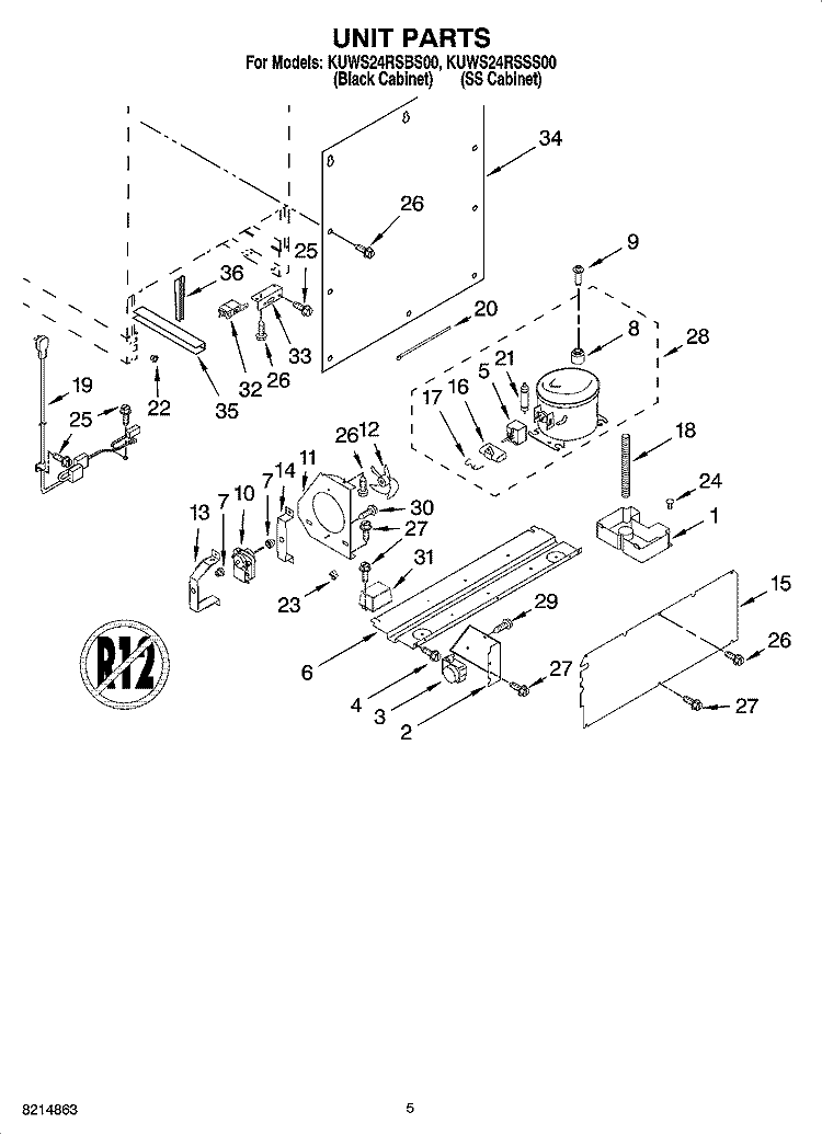 UNIT PARTS Diagram and Parts List for KUWS24RSSS00  KitchenAid Wine and Beverage Cooler