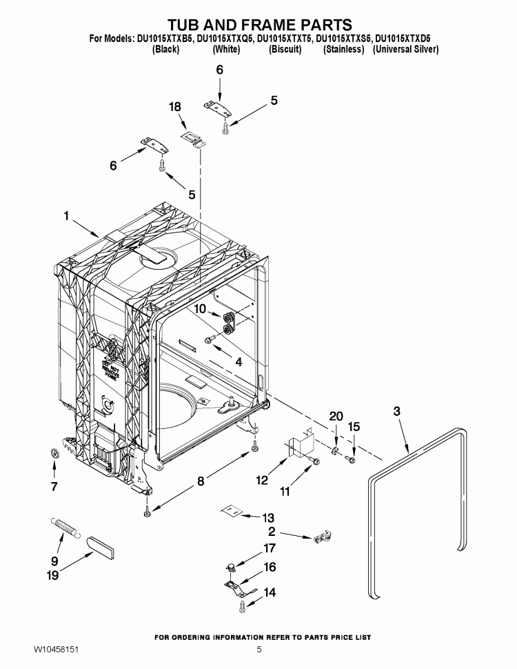 TUB AND FRAME PARTS Diagram and Parts List for DU1015XTXB5  Whirlpool Dishwasher