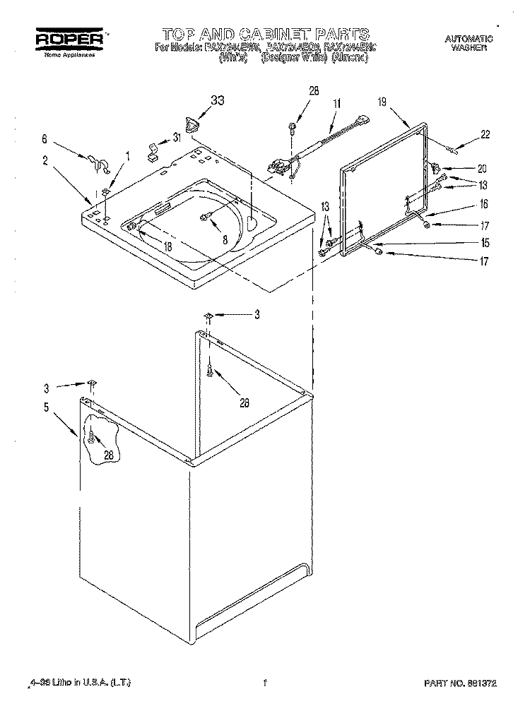 TOP AND CABINET Diagram and Parts List for RAX7244EN0  Roper Washer
