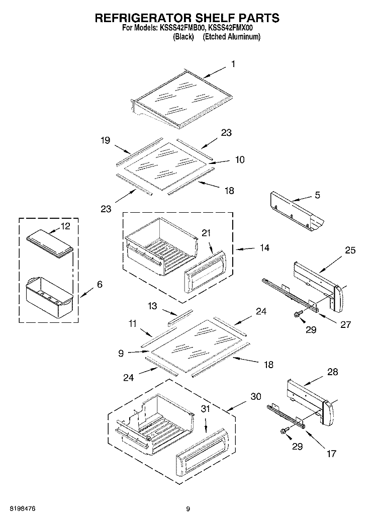 REFRIGERATOR SHELF PARTS Diagram and Parts List for KSSS42FMX00  KitchenAid Refrigerator