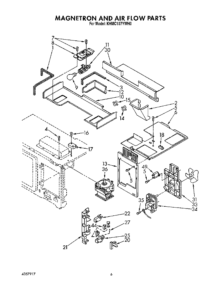 MAGNETRON AND AIR FLOW Diagram and Parts List for KHMC107YAL0  KitchenAid Microwave
