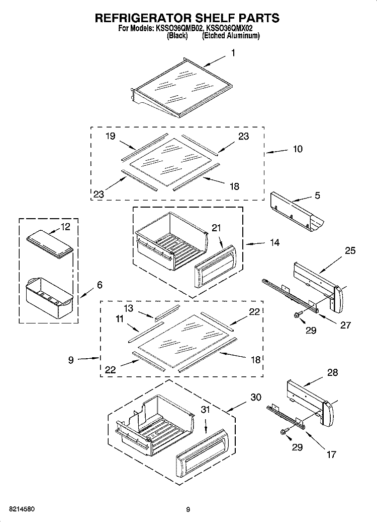 REFRIGERATOR SHELF PARTS Diagram and Parts List for KSSO36QMX02  KitchenAid Refrigerator