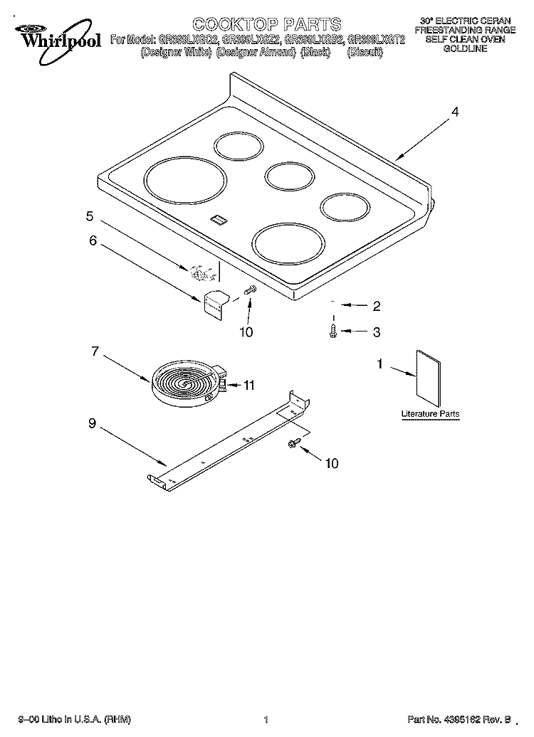 COOKTOP, LITERATURE Diagram and Parts List for GR399LXGB2  Whirlpool Range