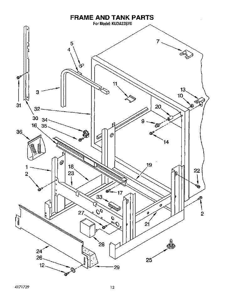 FRAME AND TANK Diagram and Parts List for KUDA23SY0  KitchenAid Dishwasher