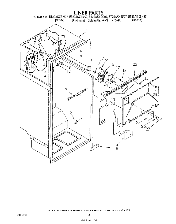 LINER Diagram and Parts List for ET20AKXSW07  Whirlpool Refrigerator