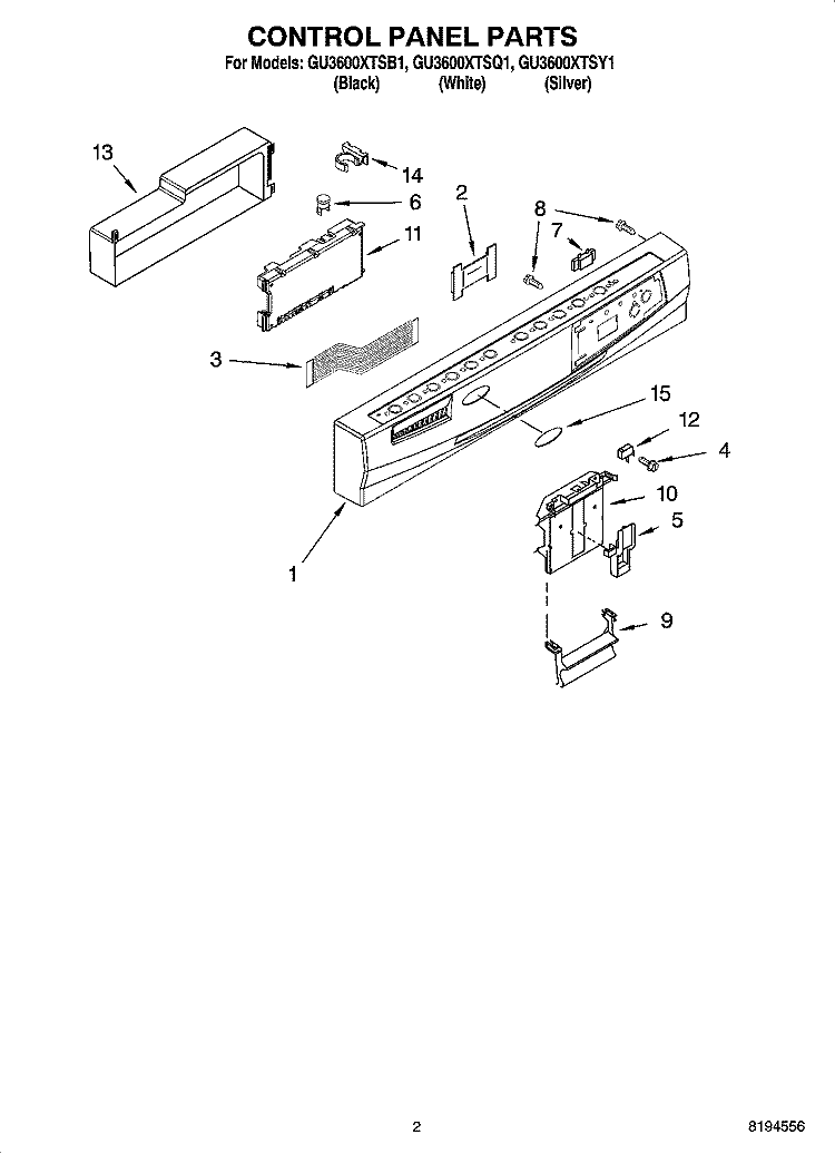 CONTROL PANEL PARTS Diagram and Parts List for GU3600XTSY1  Whirlpool Dishwasher