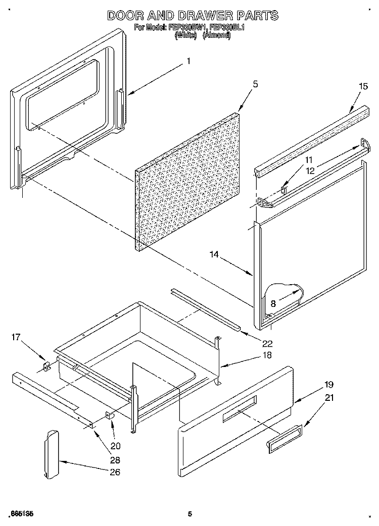 DOOR AND DRAWER Diagram and Parts List for FEP330BW1  Roper Range