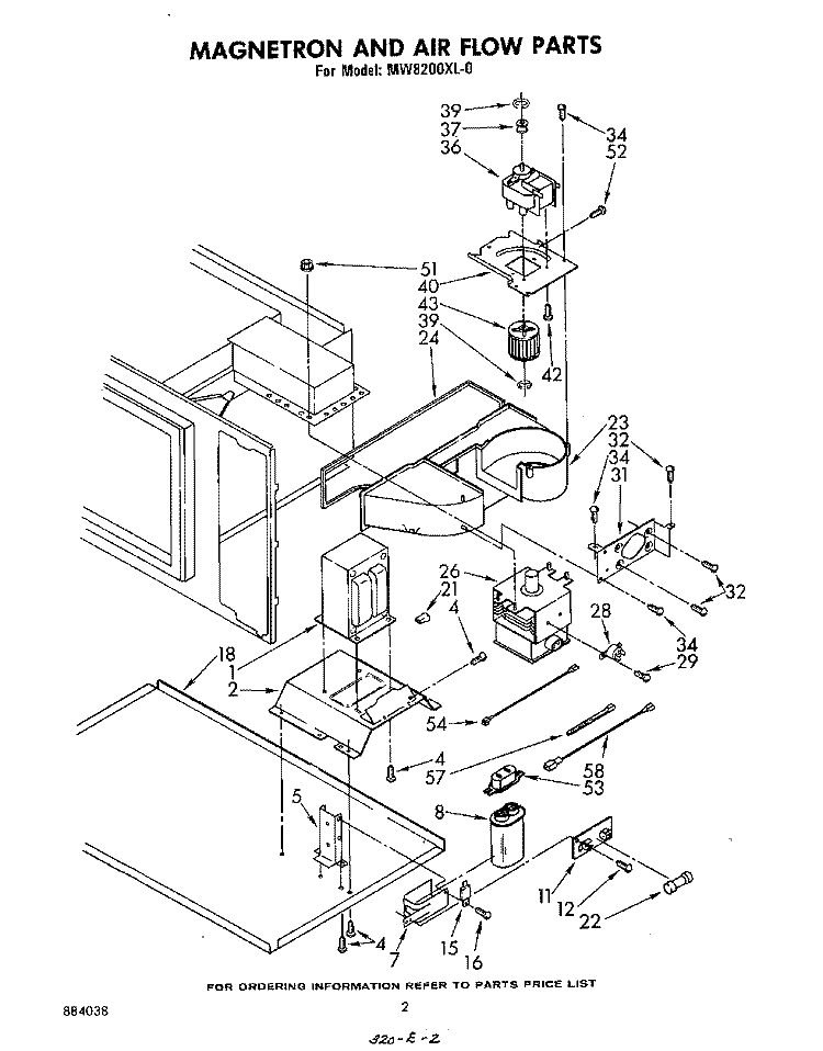 MAGNETRON AND AIR FLOW Diagram and Parts List for MW8200XL0  Whirlpool Microwave