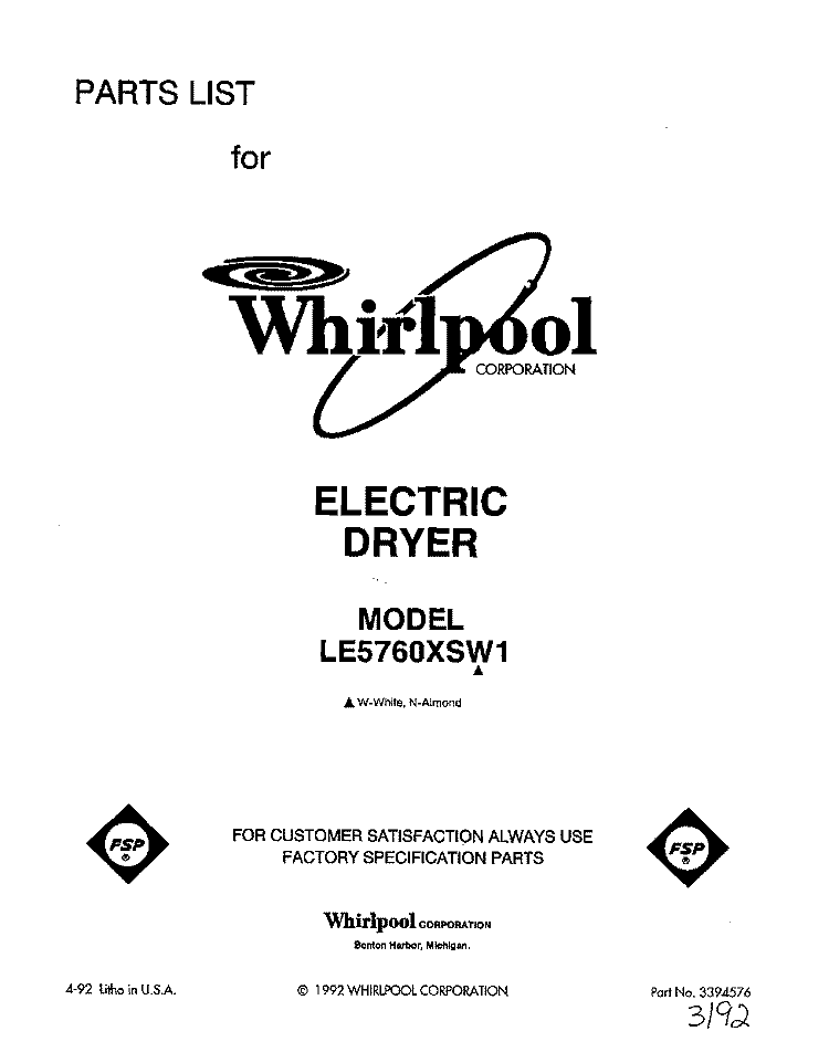 SECTION Diagram and Parts List for LE5760XSN1  Whirlpool Dryer