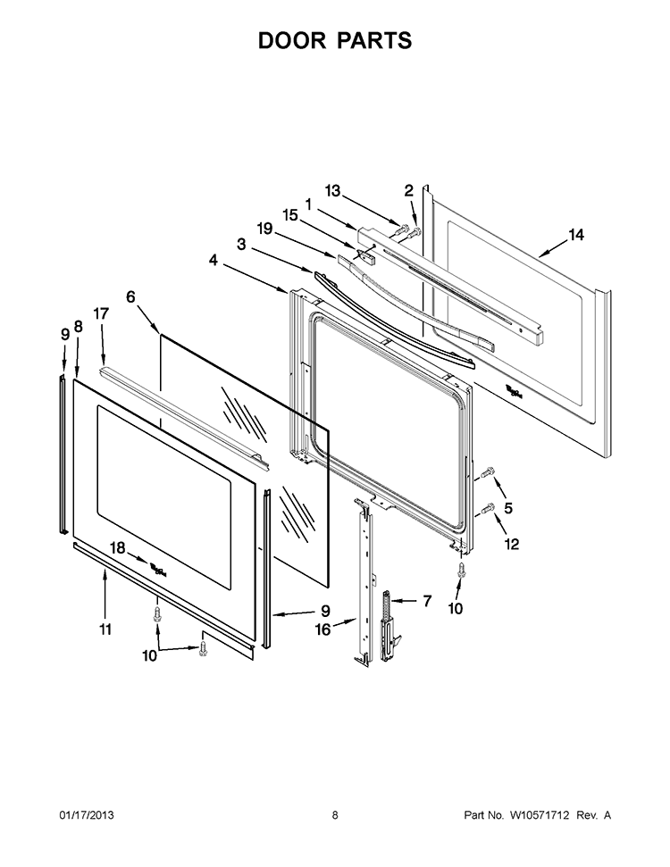 DOOR PARTS Diagram and Parts List for YWFE710H0BB0  Whirlpool Range