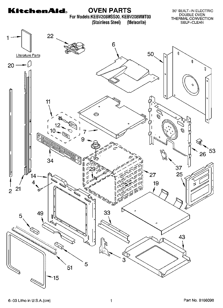 OVEN PARTS Diagram and Parts List for KEBV208MMT00  KitchenAid Wall Oven