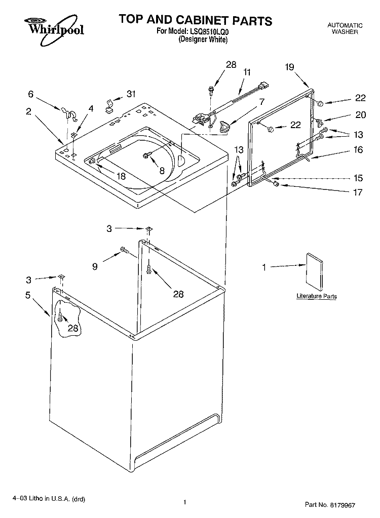 TOP AND CABINET PARTS Diagram and Parts List for LSQ8510LQ0  Whirlpool Washer