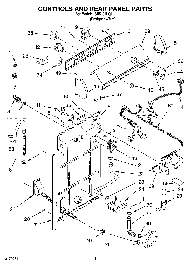 CONTROLS AND REAR PANEL PARTS Diagram and Parts List for LSR5101LQ1  Whirlpool Washer