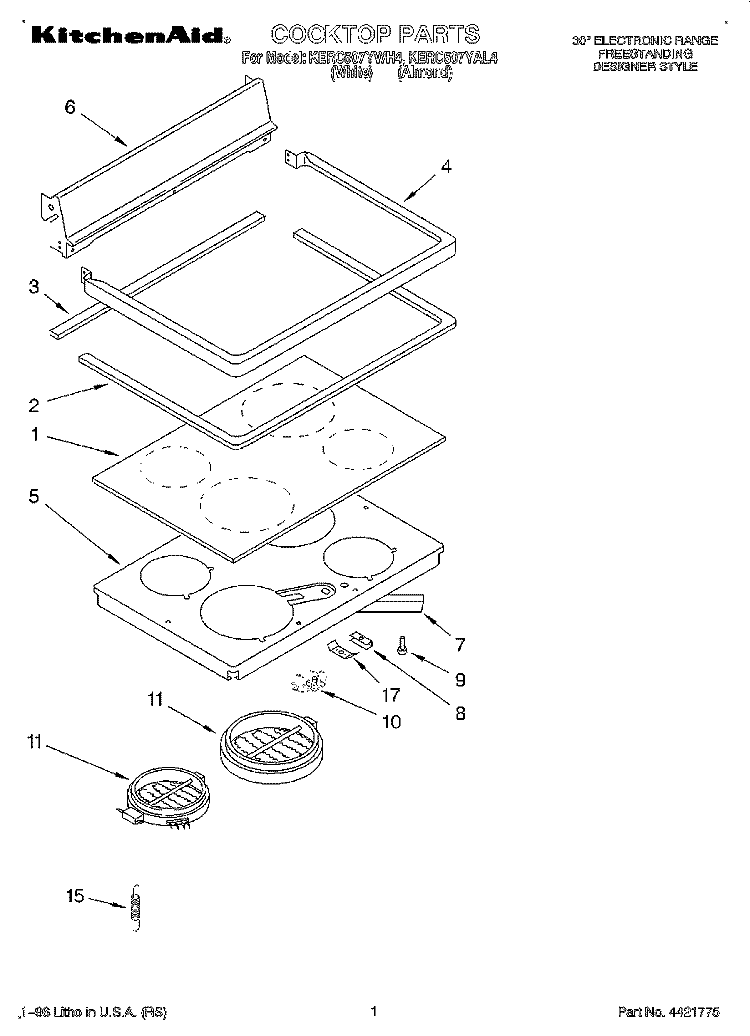 COOKTOP Diagram and Parts List for KERC507YAL4  KitchenAid Range