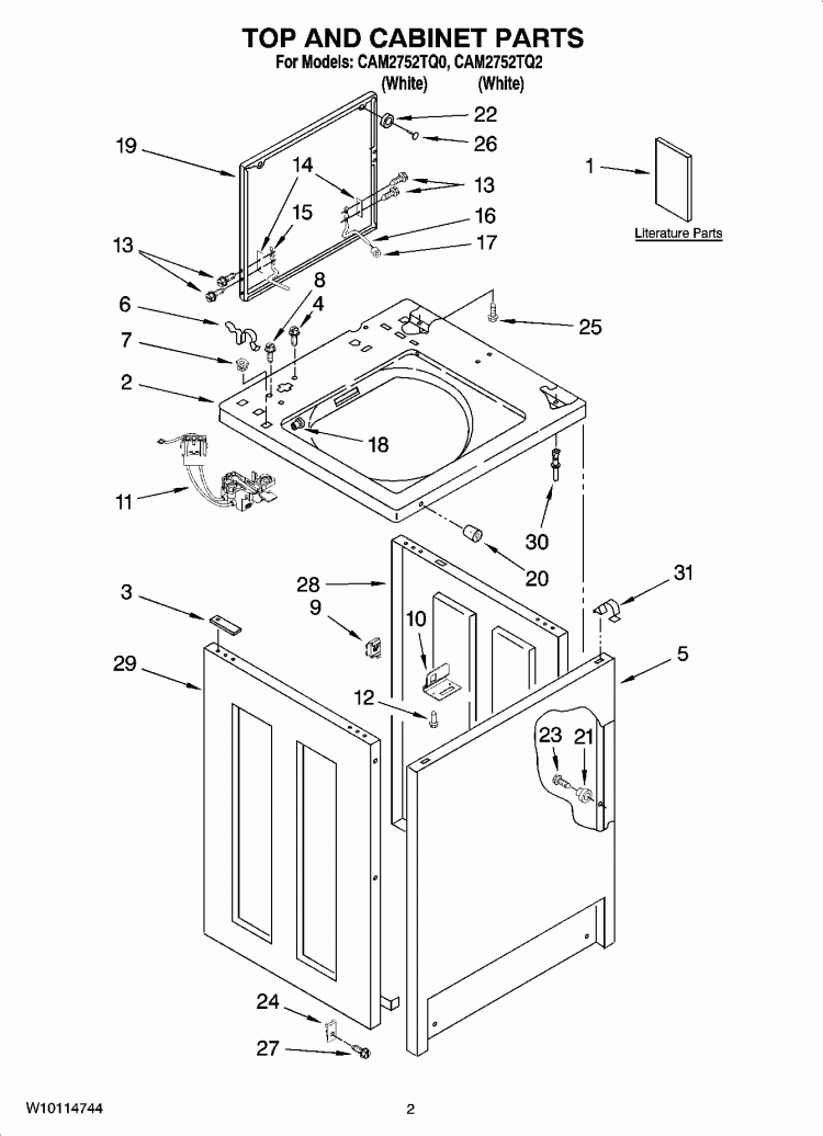 TOP AND CABINET PARTS Diagram and Parts List for CAM2752TQ2  Whirlpool Washer