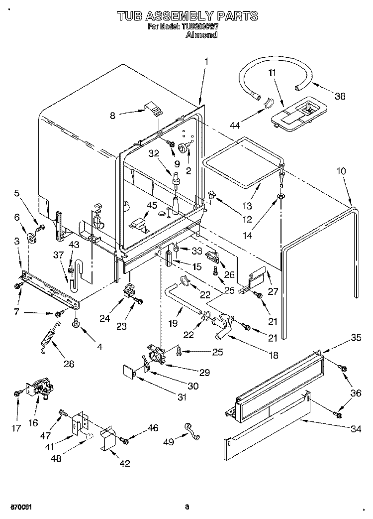 TUB ASSEMBLY, LIT/OPTIONAL Diagram and Parts List for TUD2000W7  Whirlpool Dishwasher