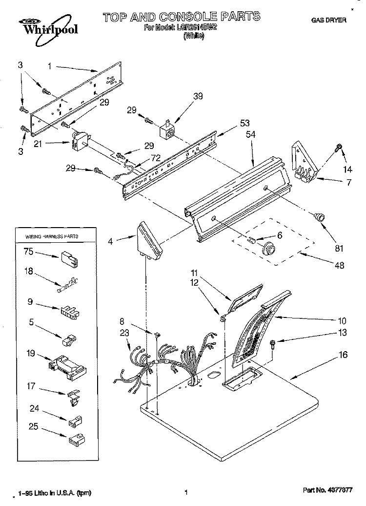 TOP AND CONSOLE, LIT/OPTIONAL Diagram and Parts List for LGR2614BW2  Whirlpool Dryer