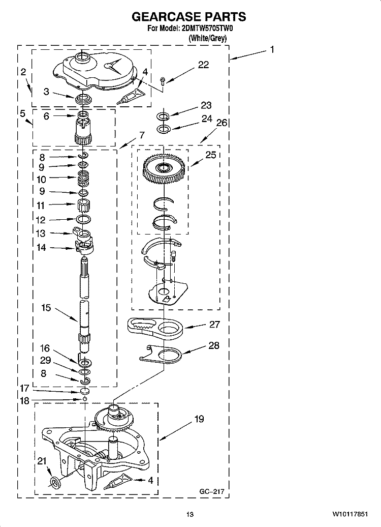 GEARCASE PARTS, OPTIONAL PARTS (NOT INCLUDED) Diagram and Parts List for 2DMTW5705TW0  Whirlpool Washer