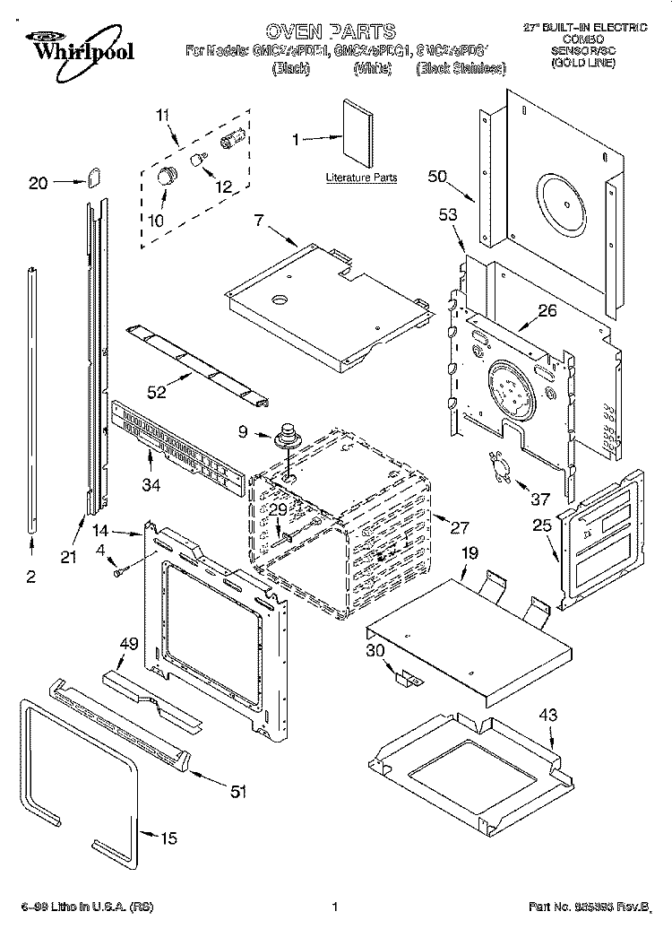 OVEN, LITERATURE Diagram and Parts List for GMC275PDQ1  Whirlpool Microwave Oven Combo