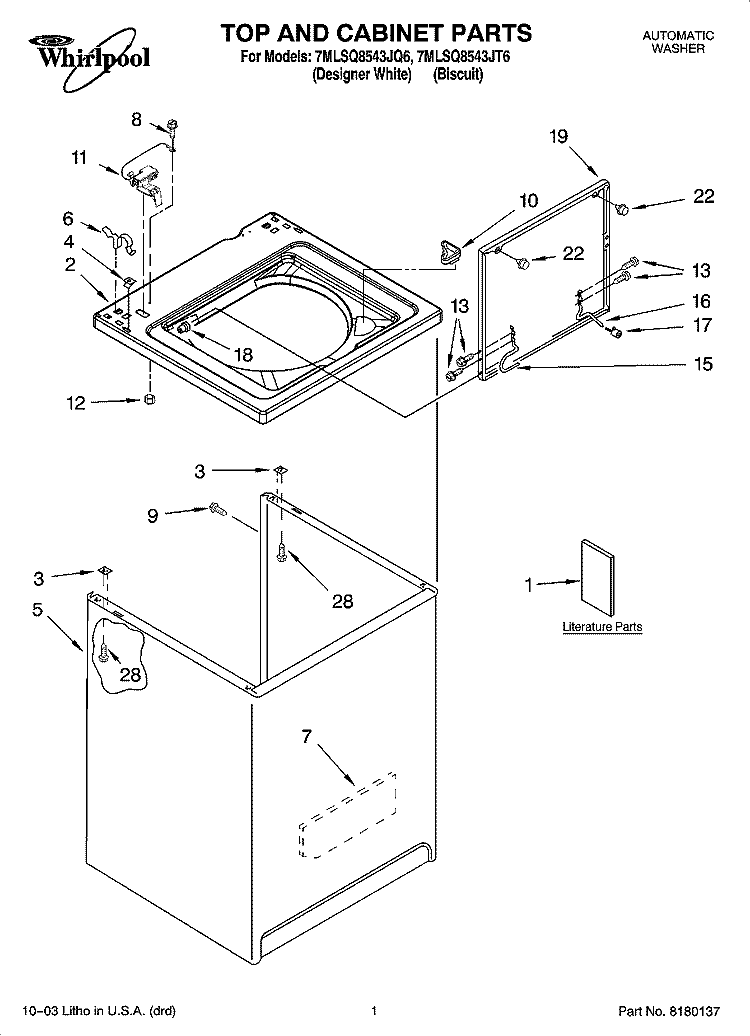 TOP AND CABINET PARTS Diagram and Parts List for 7MLSQ8543JT6  Whirlpool Washer