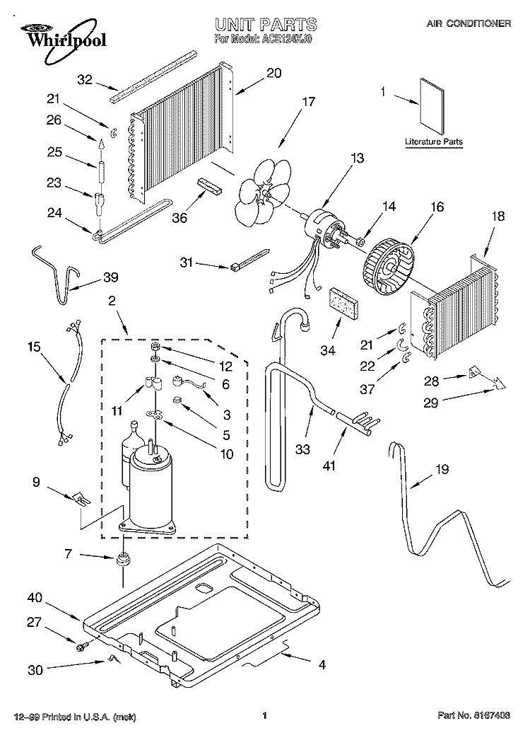 UNIT, LITERATURE Diagram and Parts List for ACE124XJ0  Whirlpool Air Conditioner
